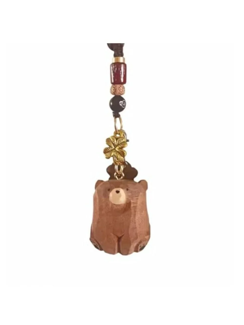 Handmade Wooden Bear Keychain with Four-Leaf Clover Charm, Lucky Keyring Gift